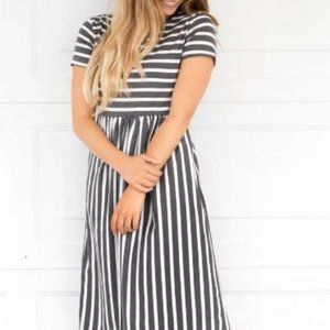 Charcoal Striped Midi Dress with Pockets - Size Small